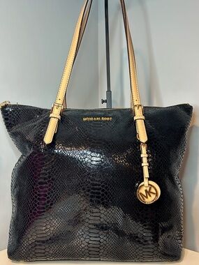 MICHAEL Michael Kors Black Python Pattern Tote Gold Hardware Nude Handle